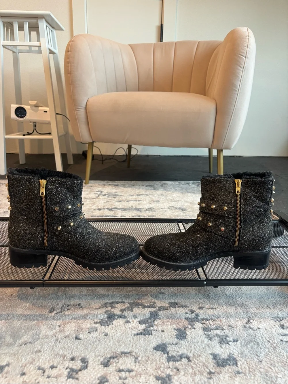 Girls' Black Glitter Fur-Lined Ankle Boots with Gold Stud Accents